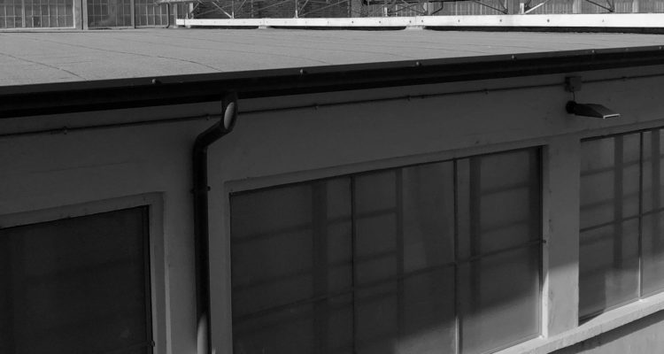 a black and white photo of a building with a roof